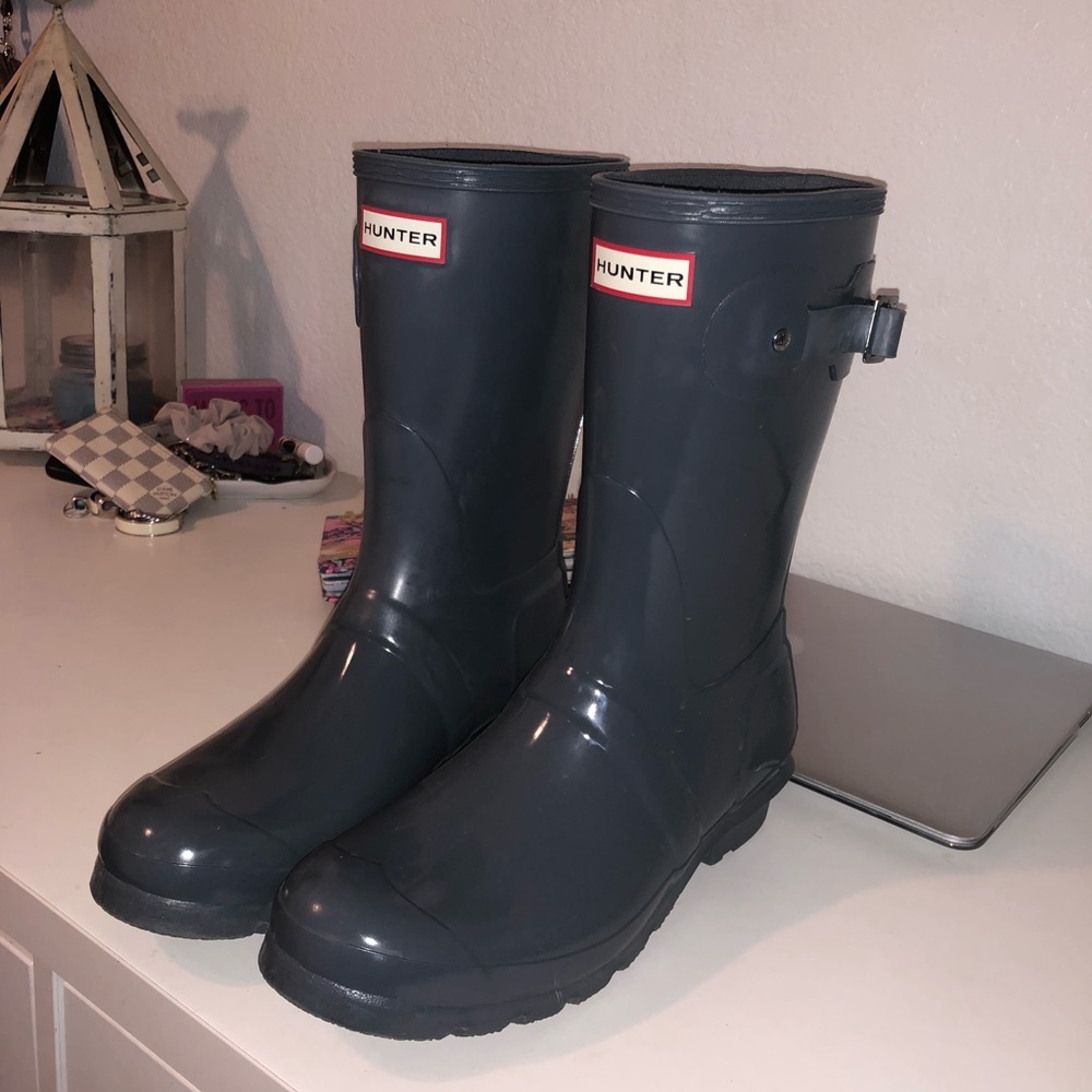 Grey glossy hunter boots